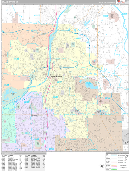 Grand Rapids City Wall Map Premium Style